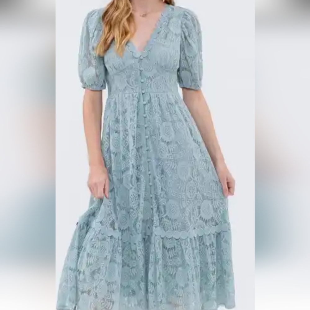 Elegant Lace Maxi Dress in Light Blue Size L